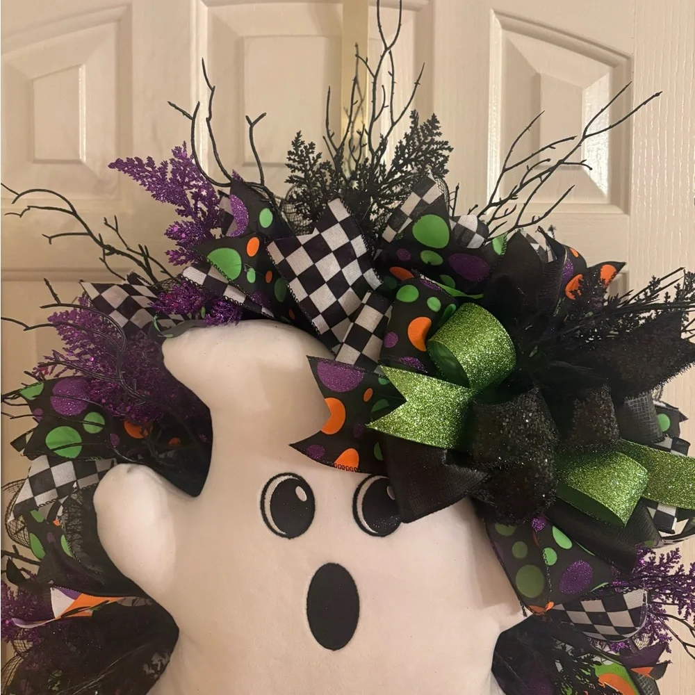 Halloween Ghost Wreath with Colorful Accents - Hand Made by my mother*